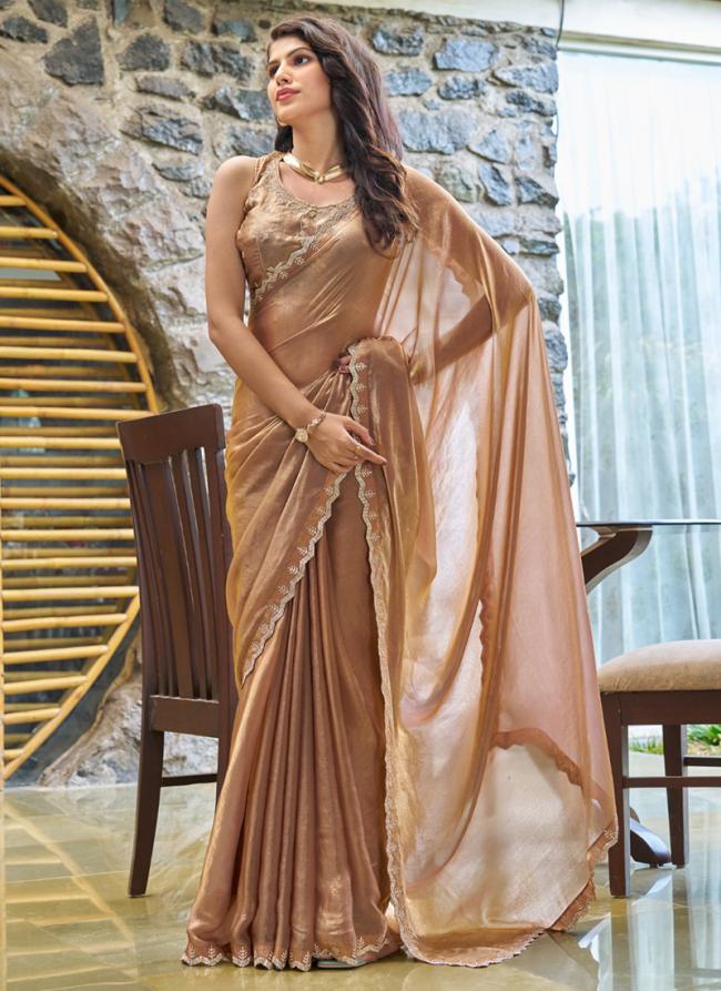 Sattin Silk Brown Wedding Wear Hand Work Saree